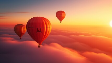 Fototapeta premium Hot air balloons flying above hills and mountains during sunrise with colorful skies.