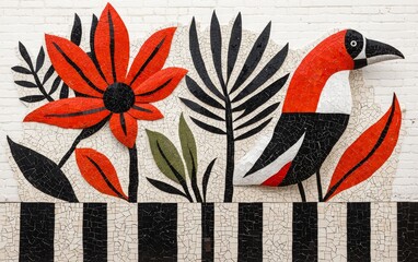 Vibrant Mosaic Wall Art Red Flower Black Bird and Striking Stripes