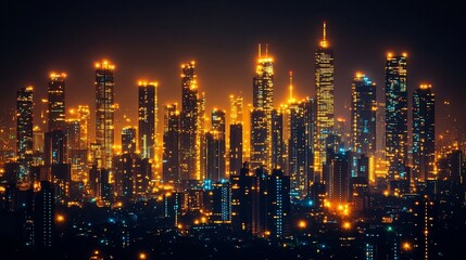 Fototapeta premium Night cityscape, golden skyscrapers, urban skyline, blurred background, panoramic view