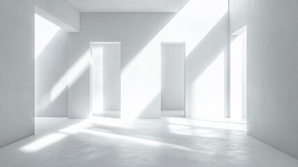 Obraz premium Sunlit minimalist white interior room with recessed windows.