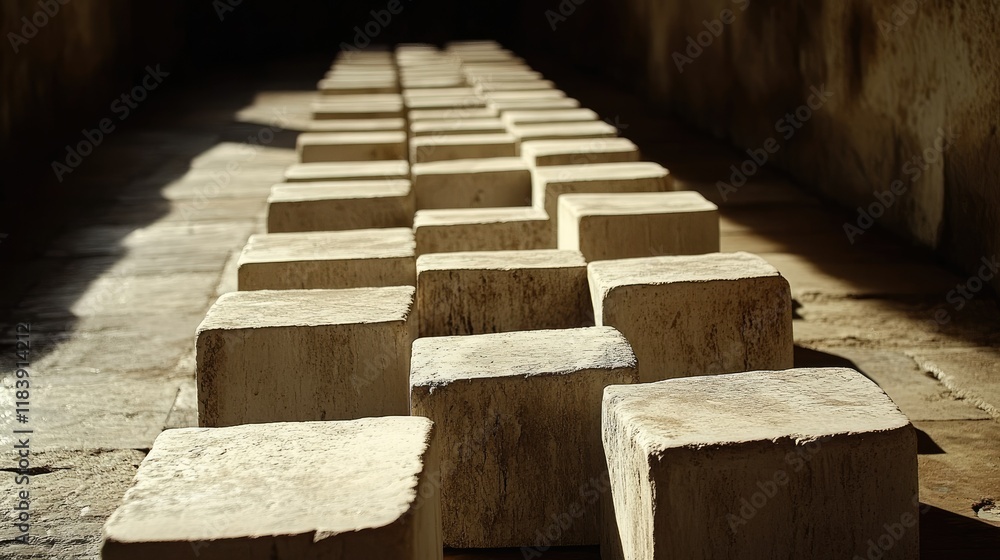 Poster regular arrangement of off-white stone blocks in a row under soft light