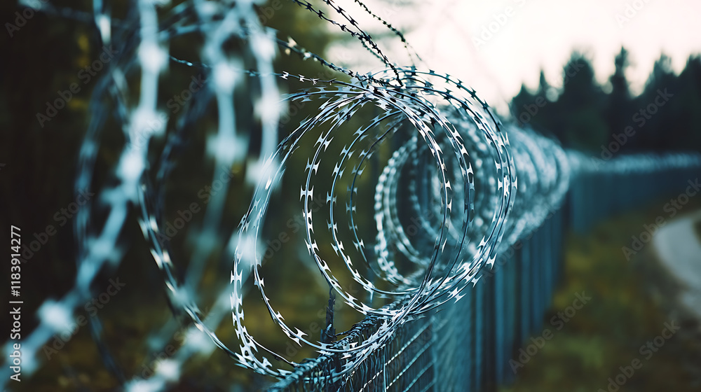 Poster fence with barbed wire on the border between two countries, concept of the problem with migrants