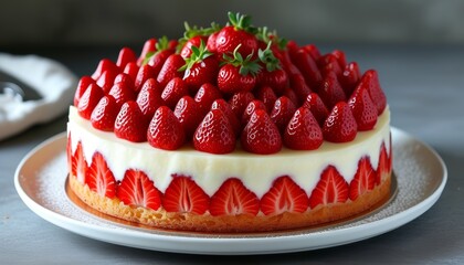 Exquisite French Fraisier Cake Topped with Fresh Strawberries on Elegant Serving Plate