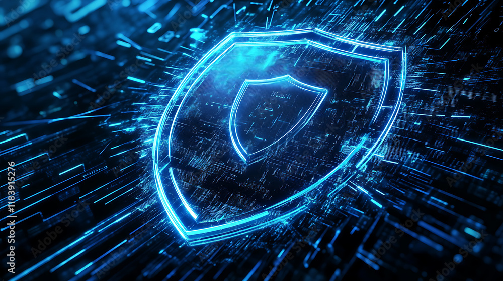 Poster futuristic shield icon in the center of abstract digital blue background with light effects, securit