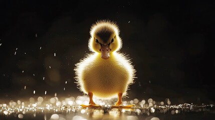 A cute yellow duckling standing on soil, surrounded by golden light and floating dust particles. Generative by AI.