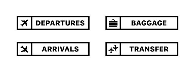 Fototapeta premium Airplane sign set icons. Linear and silhouette style. Vector icons.