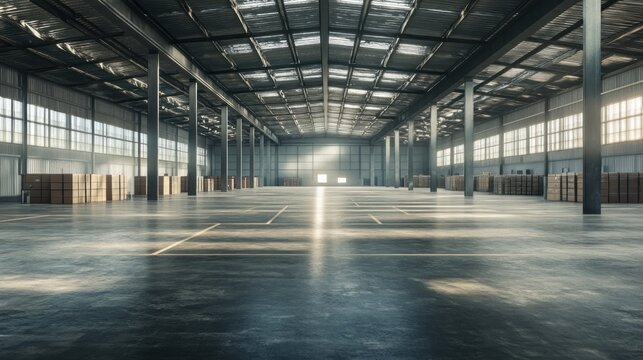 Sunlit empty warehouse interior with stacked wooden crates.