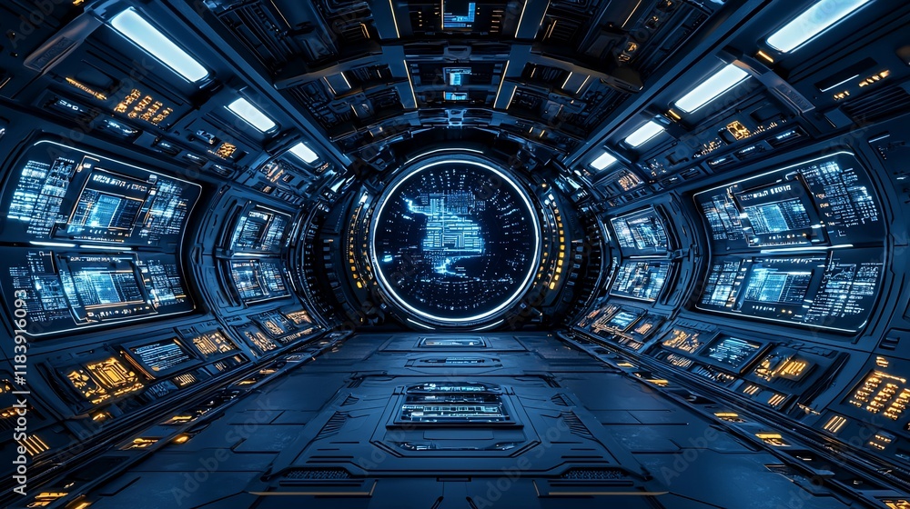 Poster futuristic spaceship interior with circular portal.