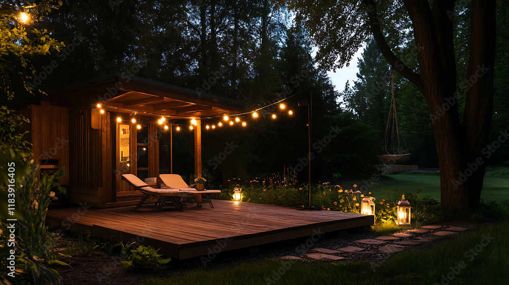 Aufkleber Hut and deck at garden in dark sky with string lights and soft illumination
