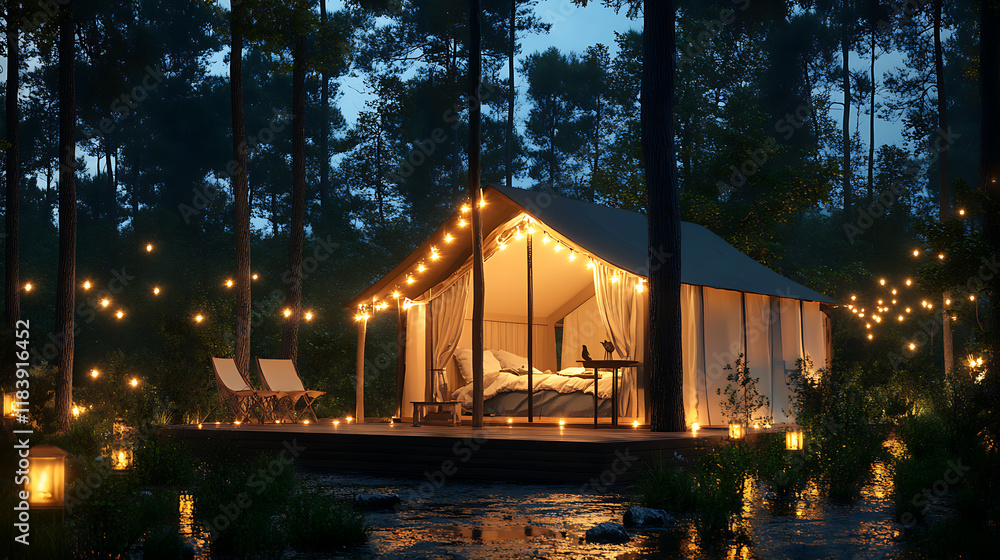 Poster Hut and deck at garden in dark sky with string lights and soft illumination