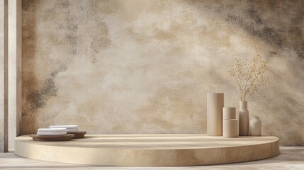 3d background products display brown scene with platform. background vector 3d rendering with podium. Stage showcase on pedestal display beige studio background
