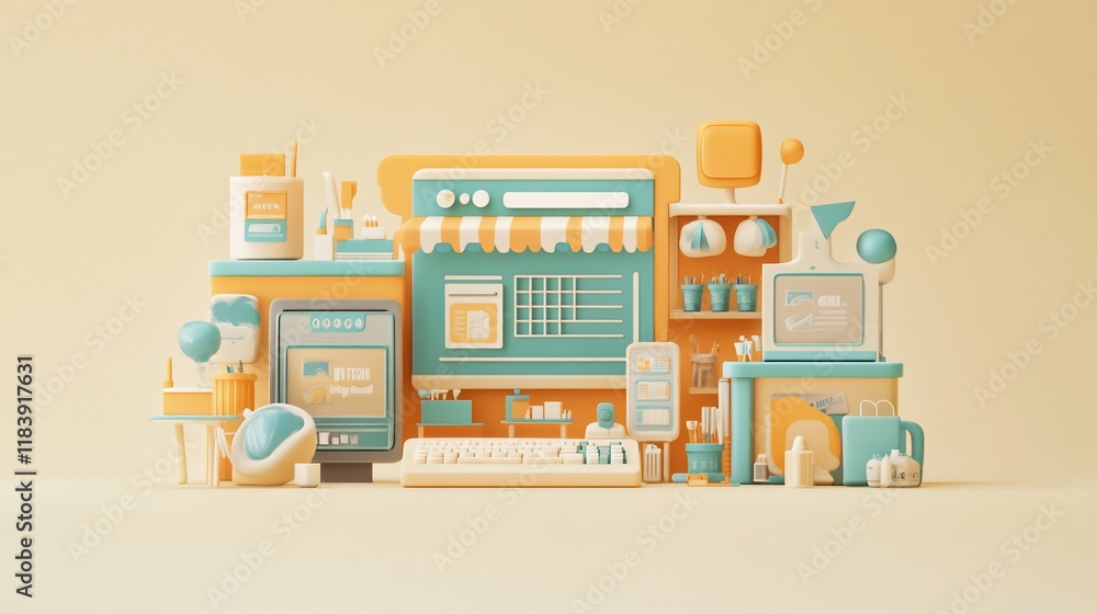 Poster online store interface, 3d render of e-commerce platform with various products and digital elements.