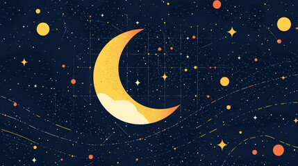 Naklejka premium Celestial Night Sky with Crescent Moon and Colorful Stars