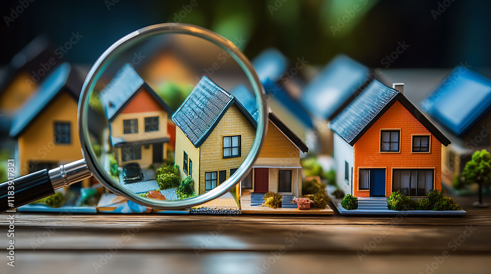 Poster magnifying glass with a set of model houses under it