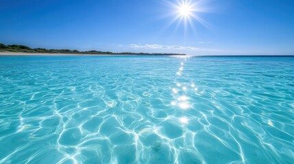 Obraz premium Clear turquoise ocean water reflecting sunlight on a sunny beach.