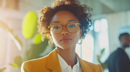 A professional woman in a stylish blazer making a presentation about e-commerce growth, animated team, digital displays,