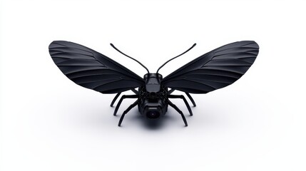 Obraz premium A detailed close-up of a black insect with prominent wings, showcasing its intricate textures and features against a simple background.