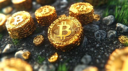 Gold Bitcoins scattered on rocky ground with grass