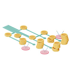 Abstract 3D illustration of a network with coins and targets. Concept of financial growth, success, and achievement.