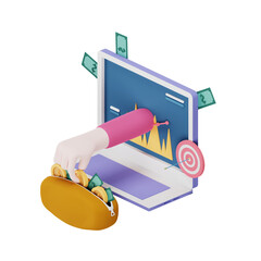 3D Illustration of a Hand Reaching Out of a Laptop Screen to Grab a Taco with Money in the Background