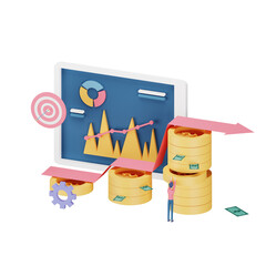3D illustration of coins stacks growing up with graph and target on whiteboard background. Business growth, finance, investment, and success concept