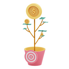 Money Tree Growing from Pot with Target. Concept of Financial Growth, Investment, Goal Achievement