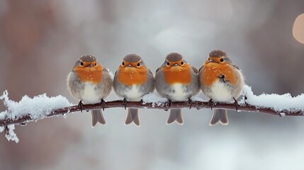 Four robins perched on a snow-covered branch in winter. (3)