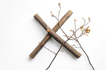 Fototapeta na wymiar Crown of thorns with wooden cross on white background. Good Friday concept 