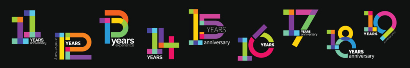 Anniversary Logo Template 11-19 Bundle. Colorful Number Logo Set 11 to 19 © studioaneukmuda