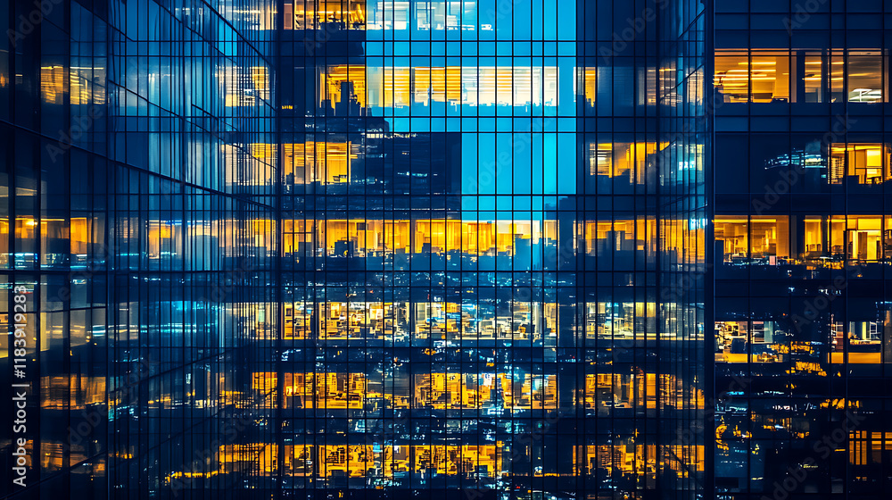 Aufkleber pattern of office buildings windows illuminated at night, lighting with glass architecture facade de