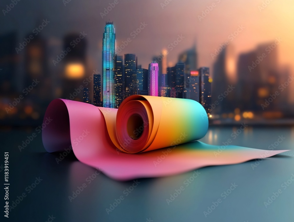 Aufkleber mesmerizing holographic foil abstract with rainbow iridescent swirls and glowing skyline vibrant dig