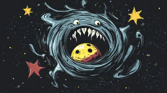 A humorous cartoon of a black hole eating planets, with lighthearted elements like stars with funny expressions