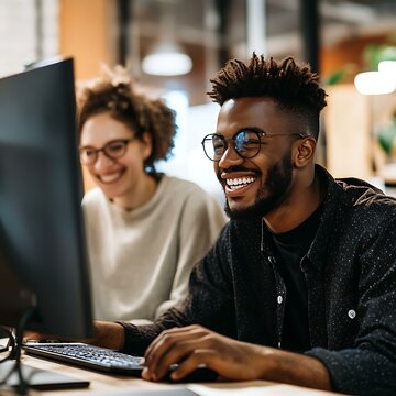 Two young and successful entrepreneurs watching their computer and smilling because they just got a payment from a client. We can see their eyes