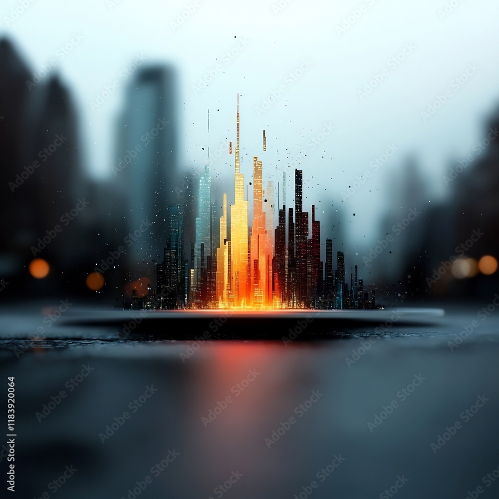 Poster captivating holographic display featuring a futuristic cityscape with a captivating array of iridesc