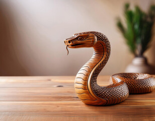 Fototapeta premium A detailed wooden cobra sculpture with intricate scales and raised hood sits on a wooden table with a small potted plant in the background. copy space