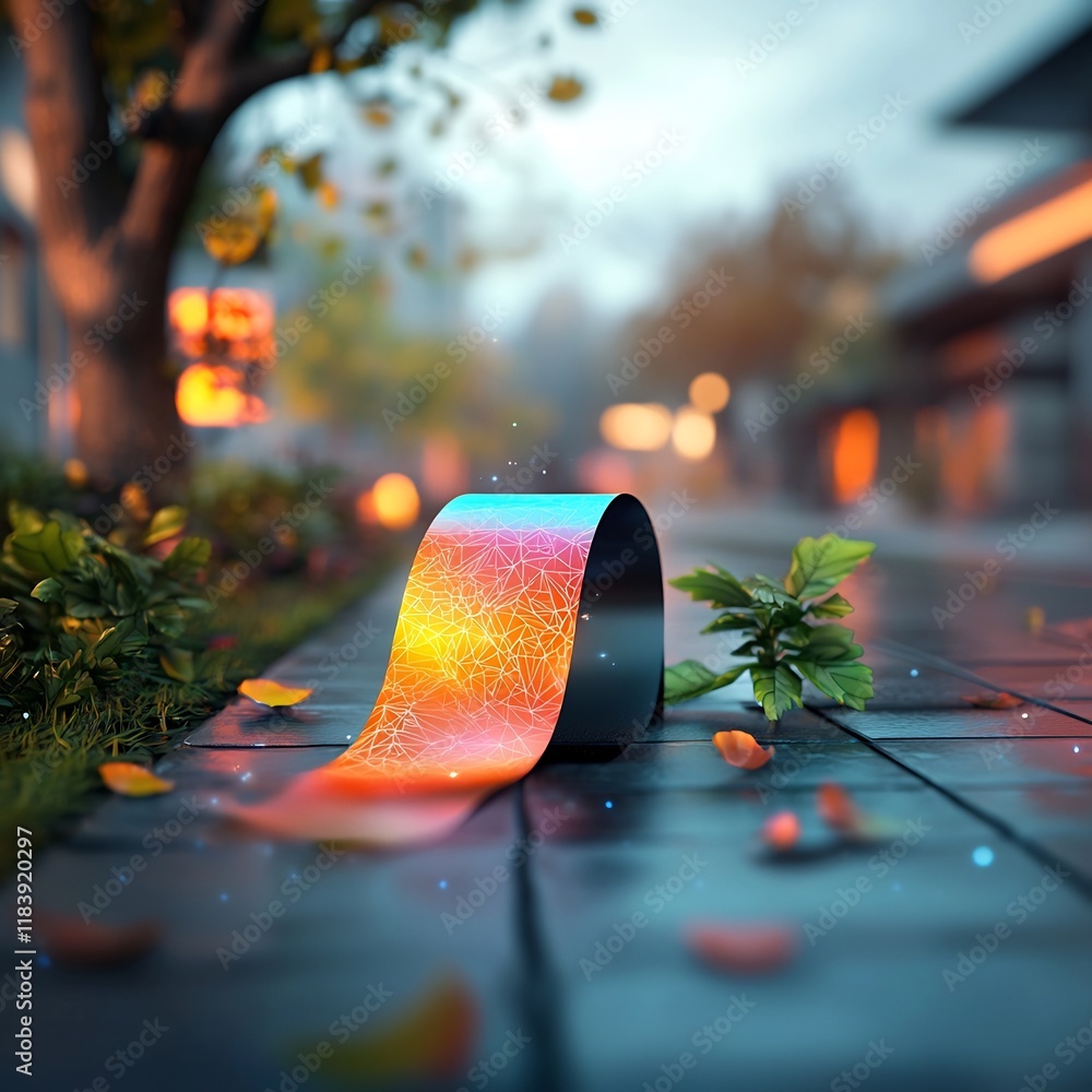 Poster Mesmerizing holographic fractal design with iridescent rainbow foil effect hypnotic metallic accents and captivating visual complexity in a glowing retrofuturistic urban environment at dusk