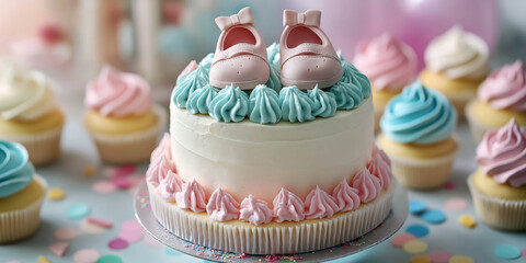 Close-up of a baby shower cake with cute baby shoes on top, surrounded by pastel-colored cupcakes and confetti.