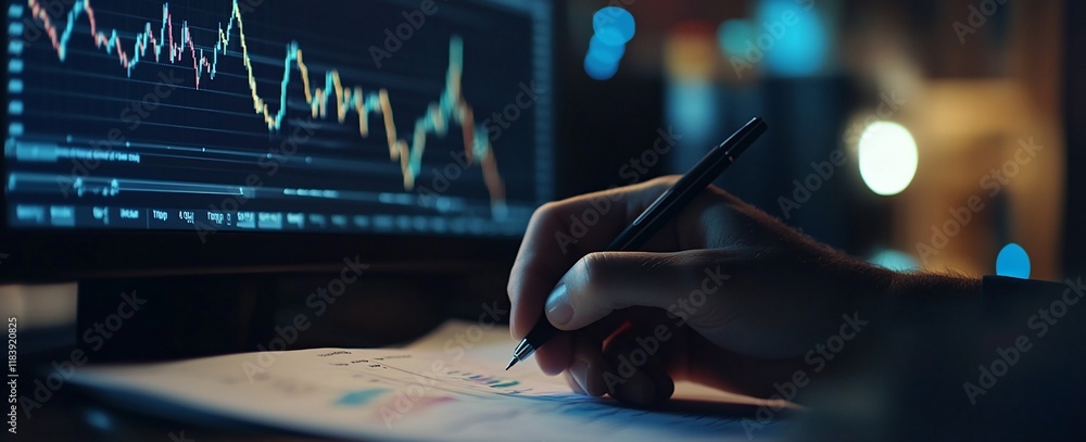 Aufkleber hand analyzing stock market data on computer screen.
