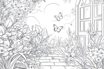 Black and white line art illustration of butterflies flying over a blooming secret garden with a stone path leading to a small house