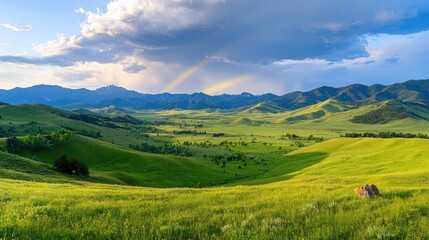 Obraz premium A rainbow stretching across a stormy sky over rolling green hills, creating a dramatic yet hopeful scene