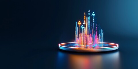 startup innovation scaling concept. Digital cityscape with glowing arrows and vibrant colors on a dark background.