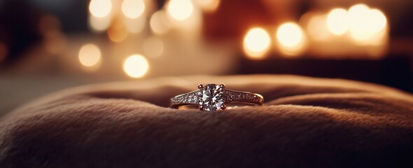Obraz premium Diamond engagement ring on soft fabric with blurred candlelight background.