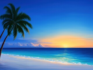 A serene tropical beach with palm trees leaning over turquoise water and a vibrant sunset painting the sky