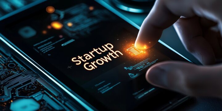 startup innovation scaling concept. Digital interface showcasing startup growth metrics and analytics.