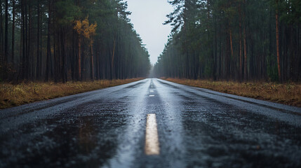 Obraz premium Straight asphalt road in the middle of the forest in rainy weather