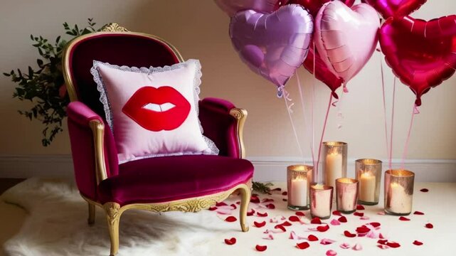 Red Lips Pillow with Lace on  Velvet Chair, Romantic Valentine's Day Decor, a Valentine's Day card or love letter, banner, poster for website, Valentine's day concept,love, affection, generative ai