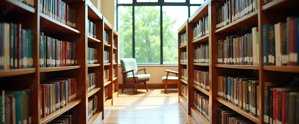 Poster tranquil library with rows of books and sunlight streaming through a large window.