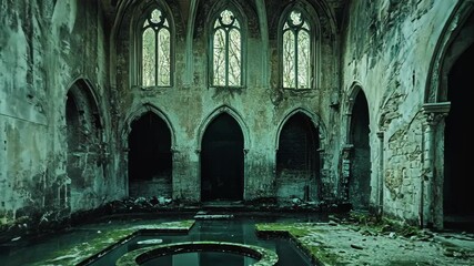Ruined chapel interior with stained glass windows and overgrown floor in an abandoned setting - Powered by Adobe