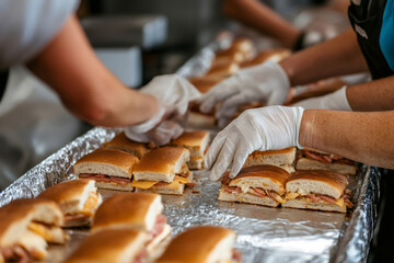 Gloved hands preparing sandwiches for a community meal, contributing to a charitable event focused on helping those in need