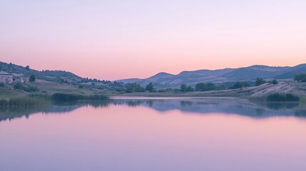 Serene sunrise over calm lake reflecting pastel sky and distant hills.